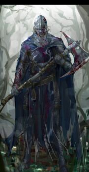 Rule 34 | 1boy, absurdres, armor, axe, bare tree, battle axe, belt, belt buckle, blonde hair, blood, blood on armor, blood on clothes, bloody weapon, blue eyes, blue tabard, brown belt, buckle, cape, chainmail, chest belt, commentary, covered face, creighton of mirrah, dark souls (series), dark souls ii, english commentary, full body, helmet, highres, holding, holding weapon, looking at viewer, male focus, mask, nslacka, outdoors, solo, standing, tabard, tree, weapon