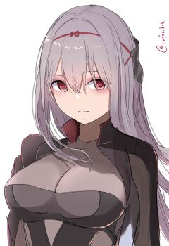 armor black_leotard bodystocking breasts closed_mouth frown goddess_of_victory:_nikke grey_hair highres japanese_armor large_breasts leotard long_hair official_alternate_costume red_eyes rufei_bot scarlet_(nikke) shoulder_armor simple_background sode twitter_username white_background