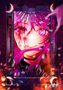 1girl close-up coin commentary_request crescent glowing glowing_eyes highres hoshino_ai oshi_no_ko purple_eyes purple_hair smile solo_focus star-shaped_pupils star_(symbol) symbol-shaped_pupils tsukise_ryou