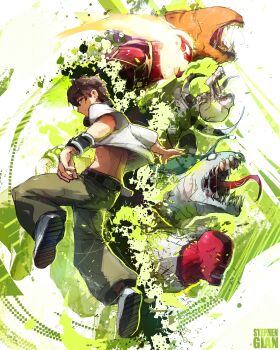 1boy absurdres ben_10 ben_tennyson brown_hair character_request commentary full_body green_pants highres looking_at_viewer monster pants sash sharp_teeth shirt short_hair stephengiannart teeth tongue tongue_out watermark white_shirt wristband