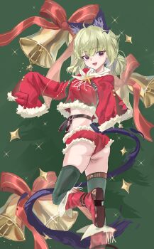 1girl absurdres ahoge araga_kiwi ass bell belt belt_buckle blush boots breasts brown_belt buckle christmas christmas_tree coat commentary_request crop_top double_bun fur-trimmed_coat fur-trimmed_shorts fur_trim gold_trim green_hair green_thighhighs hair_bun highres looking_at_viewer mahou_shoujo_ni_akogarete midriff mole mole_under_eye open_mouth original red_boots red_eyes red_ribbon red_shorts ribbon santa_coat santa_costume short_shorts shorts simple_background sleeves_past_fingers sleeves_past_wrists smile solo sparkle star_ornament thighhighs very_low_bun ye_xiao_kong
