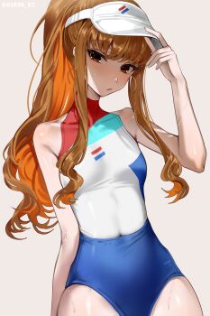 1girl absurdres blush breasts brown_eyes brown_hair competition_swimsuit fate/extra fate_(series) highres kirin_e2 kishinami_hakuno_(female) long_hair looking_at_viewer one-piece_swimsuit small_breasts solo swimsuit visor_cap wet