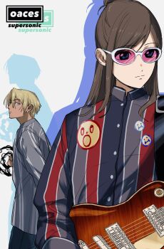 1boy 1girl :i :o ace_attorney aged_down amikoiiko apollo_justice:_ace_attorney badge band_(music) blonde_hair blue_eyes blue_outline blue_shirt brown_hair buckle button_badge buttons closed_mouth copyright_logo copyright_name cosplay cowboy_shot dark-skinned_male dark_skin denim dress_shirt drop_shadow earrings electric_guitar ema_skye english_text gibson_les_paul glasses group_name guitar guitar_strap hair_between_eyes half_updo highres holding holding_guitar holding_instrument holding_tambourine instrument jeans jewelry klavier_gavin liam_gallagher liam_gallagher_(cosplay) logo long_hair long_sleeves looking_at_another looking_at_object looking_down looking_to_the_side mismatched_eyebrows multicolored_shirt music noel_gallagher noel_gallagher_(cosplay) oasis_(band) official_alternate_hairstyle outline pants pink-tinted_eyewear playing_guitar playing_instrument pocket profile real_life red_shirt shirt short_hair simple_background single_earring song_name sternocleidomastoid_muscle striped_clothes striped_shirt sunglasses tambourine tinted_eyewear upper_body vertical-striped_clothes vertical-striped_shirt white-framed_eyewear white_background