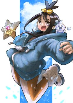 1girl :d black_hair blue_hoodie bright_pupils commentary gen_1_pokemon gen_5_pokemon hair_ornament happy highres hood hood_down hoodie leggings lida_(pokemon) long_hair long_sleeves nintendo open_mouth pokemon pokemon_(creature) pokemon_legends:_z-a rara_(user_hmrm3822) ribbed_socks shoes smile socks staryu tassel topknot vanillite white_pupils white_shoes white_socks zipper_pull_tab