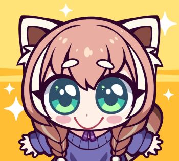 1girl animal_ear_fluff animal_ears bacon_strips braid chibi choker green_eyes indie_virtual_youtuber purple_shirt red_panda_ears red_panda_girl red_panda_tail ribbon_choker shirt smile solo sparkle_background twin_braids virtual_youtuber yuria_of_ailurus