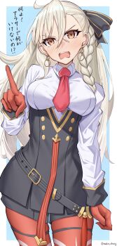 1girl absurdres ahoge belt blush bow braid breasts commentary_request earrings fate/grand_order fate_(series) gloves hair_between_eyes hair_bow highres jewelry large_breasts lips long_hair necktie olga_marie_animusphere olga_marie_animusphere_(unbeast) open_mouth orange_eyes pantyhose pointing pointing_at_viewer red_gloves red_pantyhose solo toukan translation_request very_long_hair white_hair