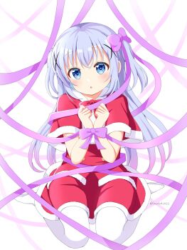 1girl artist_name blue_eyes blue_hair blue_pupils blush bow bright_pupils buttons choppy_bangs closed_mouth dot_nose double-breasted dress fur-trimmed_shawl fur-trimmed_shirt fur-trimmed_skirt fur_trim gochuumon_wa_usagi_desu_ka? gradient_hair hair_between_eyes hair_bow hair_ornament highres kafuu_chino leggings linked_ribbons long_hair looking_at_viewer looking_up multicolored_hair namakemono_(lazysloth2022) purple_bow purple_hair red_theme santa_costume santa_dress shawl shirt sitting skirt solo too_many_ribbons twitter_username two_side_up very_long_hair wariza white_background white_leggings x_hair_ornament your_present_is_me