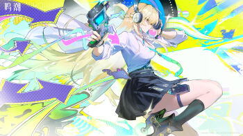1girl black_skirt blonde_hair blowing_bubble_gum braid breasts chewing_gum chinese_commentary commentary_request earrings gradient_hair gun half_up_braid hand_up headphones highres holding holding_gun holding_weapon jacket jewelry logo long_hair lynae_(wuthering_waves) medium_breasts multicolored_hair official_art shirt skirt solo star_(symbol) star_earrings very_long_hair weapon white_jacket white_shirt wuthering_waves