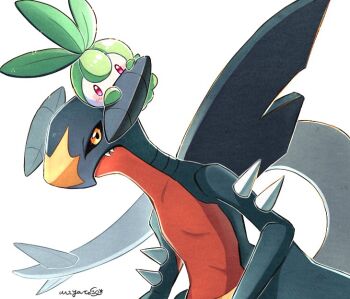 animal_focus black_sclera blue_skin blush closed_mouth colored_sclera colored_skin commentary_request fangs fins garchomp gen_4_pokemon gen_5_pokemon green_skin horns leaf looking_at_viewer mochopaccho multicolored_skin nintendo no_humans petilil pokemon pokemon_(creature) red_eyes red_skin simple_background spikes tail two-tone_skin upper_body very_long_tail white_background white_skin