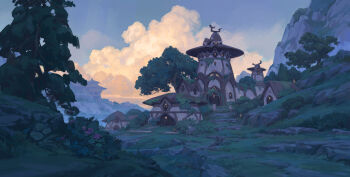 absurdres building cloud commentary english_commentary evening highres killian_prevost landscape no_humans original outdoors scenery sky tree village