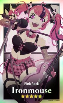 1girl ahoge black_gloves black_shirt black_thighhighs breasts cleavage commentary demon_girl demon_horns demon_tail elbow_gloves english_commentary epebe fingerless_gloves gloves guitar hair_ornament heart heart_ahoge highres holding holding_guitar holding_instrument holding_microphone horns instrument ironmouse ironmouse_(pink_rock) large_breasts long_hair looking_at_viewer microphone nail_polish open_mouth pink_nails pink_shorts purple_eyes purple_streaks shirt shorts smile solo star_(symbol) star_hair_ornament tail thigh_strap thighhighs twintails very_long_hair virtual_youtuber vshojo