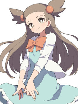 1girl blue_dress bow breasts brown_eyes brown_hair closed_mouth commentary_request dress green_dress hair_bobbles hair_ornament hiyoshipow jacket jasmine_(pokemon) long_hair looking_at_viewer nintendo open_clothes open_jacket orange_bow pokemon pokemon_hgss simple_background smile solo two_side_up white_background white_jacket