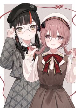 2girls amayui_moka belt beret black_hair bow bowtie brown_dress brown_eyes buttons choya_hanabi cropped_jacket double-breasted dress glasses green_eyes grey_jacket grey_skirt hat highres holding holding_own_hair jacket long_hair long_sleeves low_twintails miteinano_(mitei_nano28) multicolored_hair multiple_girls orange_streaks pink_hair pinstripe_pattern plaid_clothes round_eyewear shirt skirt smile streaked_hair twintails virtual_youtuber vspo! white_shirt