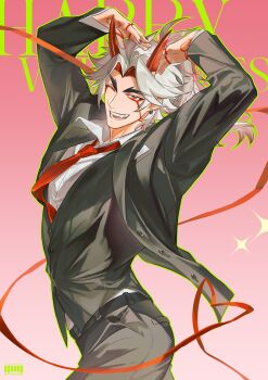 Rule 34 | 1boy, ;d, absurdres, alternate hairstyle, arataki itto, arms up, artist name, belt, black belt, black jacket, black nails, black pants, black vest, bodypaint, breast pocket, buttons, collared shirt, colored inner hair, commentary, cowboy shot, earrings, english commentary, english text, facepaint, fang, fingernails, genshin impact, gradient background, green outline, happy valentine, heart arms, high ponytail, highres, horns, jacket, jewelry, lapels, long hair, long sleeves, looking at viewer, male focus, multicolored hair, necktie, one eye closed, oni, open clothes, open jacket, open mouth, outline, pants, parted bangs, pocket, pocket square, ponytail, red eyes, red hair, red horns, red necktie, red ribbon, ribbon, shirt, smile, snvvvo, solo, sparkle, standing, teeth, thick eyebrows, v-shaped eyebrows, vest, watermark, white hair, white shirt