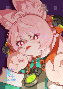 1girl accessories animal_ear_fluff animal_ears blush bright_pupils claws ear_piercing finger_to_tongue furry furry_female green_shirt highres looking_at_viewer medallion o-ring_necktie piercing pink_fur pink_hair purple_background rabbit_girl red_eyes screw shirt short_eyebrows solo sou_(pale_1080) thick_eyebrows tongue tongue_out twitter_username white_pupils zenless_zone_zero zhao_(zenless_zone_zero)
