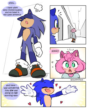 1boy 1girl against_wall alternate_universe amy_rose animal_nose black_shoes blue_fur blush catching_breath coat commentary couple english_commentary exhausted eyelashes flying_sweatdrops furry furry_female furry_male gloves green_eyes hallway happy heart heavy_breathing hedgehog_boy hedgehog_girl highres hospital_gown incoming_hug notice_lines open_mouth outstretched_arms pink_fur quaverdraws resting shoes short_hair short_tail smile sneakers socks sonic_(series) sonic_the_hedgehog tail white_coat white_gloves white_socks