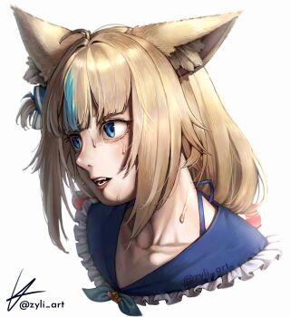 absurdres animal_ear_fluff animal_ears blonde_hair blue_eyes blue_streaks cat_ears fish_girl frilled_sailor_collar frills highres indie_virtual_youtuber lifebuoy_hair_ornament low_twintails paper_boat sailor_collar sameko_saba signature simple_background sweat twintails virtual_youtuber watermark white_background zyli_(zyli_art)