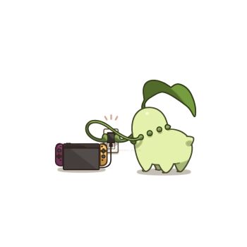all_fours charging_device chikorita colored_skin commentary_request electrical_outlet from_behind full_body game_console gen_2_pokemon green_skin handheld_game_console highres leaf leaf_on_head muru_zatta nintendo nintendo_switch no_humans notice_lines plant pokemon pokemon_(creature) pokemon_focus solo vine_whip vines white_background