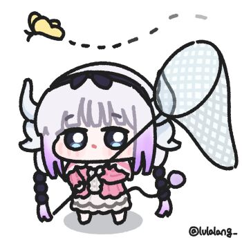 Rule 34 | 1girl, blue eyes, bug, butterfly, chibi, dragon girl, dragon horns, highres, horns, insect, kanna kamui, kobayashi-san chi no maidragon, lulalang, net, purple hair, skirt, solo, twintails