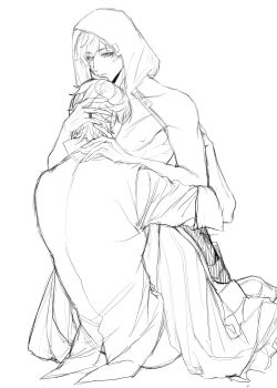 2boys absurdres cradling_head genshin_impact greyscale head_on_chest highres monochrome multiple_boys rex_lapis_(genshin_impact) sitting sitting_on_lap sitting_on_person straddling tartaglia_(genshin_impact) white_background yaoi zhaobxzf zhongli_(archon)_(genshin_impact) zhongli_(genshin_impact)