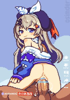1boy 1girl amanogawa_shiina animated animated_gif anus ass bar_censor bare_shoulders blue_eyes blue_jacket blush bottomless breasts censored closed_mouth cowgirl_position erection faceless faceless_male flat_chest girl_on_top grey_hair hair_ornament hat hetero jacket loli long_hair long_sleeves looking_at_viewer looking_back nipples off_shoulder open_clothes open_jacket osimder penis phase_connect pixel_art pussy sex sitting sitting_on_person small_breasts smile straddling testicles thighs vaginal virtual_youtuber