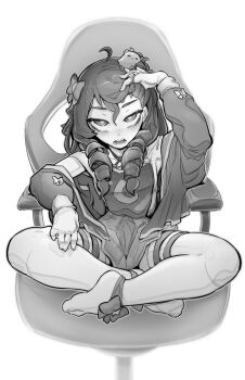 ahoge ankle_bow ankle_ribbon blob bow centi_(nimu) chair curly_hair dress fang gaming_chair glitchrod greyscale hair_bow hand_in_own_hair highres hood hooded_jacket indian_style indie_virtual_youtuber jacket leg_ribbon legs long_hair long_sleeves monochrome moon_print nimu_(vtuber) nimu_(vtuber)_(3rd_costume) no_shoes off-shoulder_shirt off_shoulder open_mouth ribbon ringlets shirt sitting starry_sky_print swivel_chair teeth thigh_strap thighhighs tucking_hair twirling_hair virtual_youtuber white_legwear
