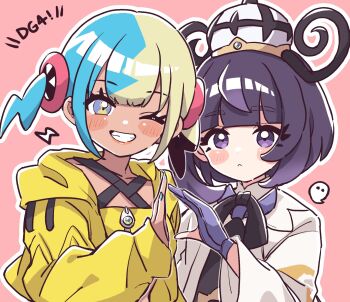 1girl 2girls aqua_hair bandeau black_dress black_hair blonde_hair blue_eyes blue_gloves blunt_bangs blush blush_stickers bob_cut breasts canari_(pokemon) closed_mouth coat commentary_request criss-cross_straps dark-skinned_female dark_skin dress ghost gloves gradient_hair grin gwynn_(pokemon) hat highres jacket kino_haruc lightning_bolt_symbol long_sleeves looking_at_viewer mega_stone multicolored_hair multiple_girls nintendo one_eye_closed open_clothes open_coat open_mouth partially_fingerless_gloves pokemon pokemon_legends:_z-a purple_eyes purple_hair short_hair short_twintails smile split-color_hair sports_bra teeth twintails two-tone_hair white_coat yellow_bandeau yellow_jacket yellow_sports_bra