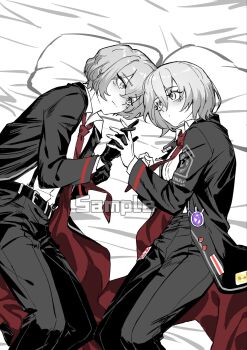 1boy 1girl belt black_jacket blush breasts clenched_hand closed_mouth collared_shirt commentary crossed_bangs crow3281 don_quixote_(project_moon) english_commentary feet_out_of_frame fingernails gloves hair_between_eyes hetero highres holding_hands id_card jacket lapels leather leather_gloves limbus_company looking_at_another lying medium_breasts necktie on_bed on_side open_clothes open_jacket pants partially_colored pillow project_moon red_jacket red_necktie sample_watermark shirt short_hair sinclair_(project_moon) suspenders two-sided_fabric two-sided_jacket watermark
