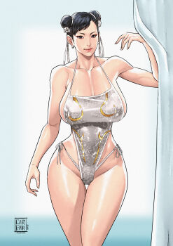 1girl absurdres alternate_costume bare_arms bare_shoulders bikini black_hair breasts breasts_apart capcom chun-li cirenk closed_mouth collarbone commentary curtains double_bun earrings eyeliner feet_out_of_frame flower gradient_background hair_bun hair_flower hair_ornament hair_ribbon halterneck hand_up highres jewelry large_breasts lips looking_at_viewer makeup one-piece_swimsuit pearl_earrings pink_lips red_eyeliner ribbon sagging_breasts side-tie_bikini_bottom signature silver_one-piece_swimsuit solo standing street_fighter street_fighter_6 swimsuit thigh_gap white_flower white_one-piece_swimsuit white_ribbon