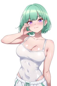 1girl absurdres breasts cleavage collarbone commentary_request covered_navel ear_piercing green_hair green_nails half-heart_hands highres large_breasts looking_at_viewer mole mole_on_breast p-nekoe pants partial_commentary piercing purple_eyes see-through_clothes short_hair simple_background skin_tight solo swimsuit track_pants virtual_youtuber vspo! white_background yakumo_beni