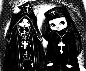 2others analavos_of_the_great_schema capelet cat christianity closed_mouth crimescenepartz cross cross_necklace ears_through_headwear expressionless greyscale hat highres hood hooded_capelet jewelry koukoulion long_sleeves monk monochrome multiple_others necklace orthodox_cross orthodox_monk robe standing tagme whiskers