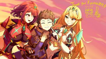 1boy 2girls absurdres bare_shoulders blonde_hair breasts brown_hair chest_jewel cleavage closed_eyes commission core_crystal_(xenoblade) cowboy_shot dapenpan dress group_picture highres large_breasts long_hair male_focus microdress multiple_girls mythra_(xenoblade) nia_(xenoblade) pyra_(xenoblade) red_eyes red_hair red_shorts rex_(xenoblade) short_hair shorts tiara white_dress xenoblade_chronicles_(series) xenoblade_chronicles_2 yellow_eyes