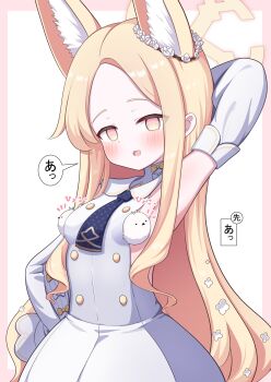 1girl absurdres animal_ears arm_behind_back arm_up armpits bare_shoulders bird black_necktie blonde_hair blue_archive blush border commentary cowboy_shot detached_sleeves dress empty_eyes flat_chest_joke forehead fox_ears halo hand_on_own_hip highres long_hair looking_at_viewer necktie orange_eyes outside_border parted_lips pink_border presenting_armpit school_uniform seia_(blue_archive) simple_background sleeveless sleeveless_dress smile solo speech_bubble tit_(bird) variant_set white_background white_dress yellow_halo yuchiberu