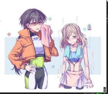 Rule 34 | 2girls, :d, arrow (symbol), art program in frame, battery indicator, black hair, black pantyhose, blue sports bra, breasts, ceras yanagida lilienfeld, ceras yanagida lilienfeld (winter training wear), cleavage, clenched teeth, collarbone, commentary, edel note, exhausted, flower symbol, highres, holding, holding towel, jacket, jellyfish cut, katsuragi izumi, katsuragi izumi (winter training wear), large breasts, link! like! love live!, long hair, long sleeves, looking at another, love live!, miniskirt, multiple girls, open clothes, open jacket, open mouth, orange jacket, pants, pantyhose, parted lips, partially unzipped, pink jacket, pink skirt, pleated skirt, skirt, smile, sports bra, sweatdrop, symbol-only commentary, teeth, towel, towel around neck, virtual youtuber, yoga pants, yrxy settingsun