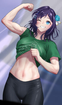 1girl abs aiba_uiha black_pants blue_bow blue_eyes blue_flower blue_hair blue_rose bow braid braided_bangs breasts clothes_lift commentary_request flexing flower french_braid green_shirt grin hair_bow hair_flower hair_ornament highres ike_(pixiv87705047) lifting_own_clothes looking_at_viewer medium_breasts medium_hair mole mole_under_eye muscular muscular_female navel nijisanji no_bra one_eye_closed pants rose shirt shirt_lift short_sleeves smile solo stomach sweat t-shirt toned virtual_youtuber yoga_pants