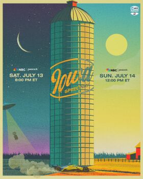 abduction barn border brown_border car commentary crescent_moon dallara_dw12 day_and_night english_commentary flying_saucer formula_racer grace_keller highres indycar_series logo moon motor_vehicle nbc official_art promotional_art race_vehicle racecar scenery smoke spacecraft sun ufo