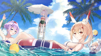 Rule 34 | 4girls, absurdres, animal ears, arms up, ayanami (azur lane), azur lane, ball, beach umbrella, beach volleyball, beachball, bikini, blonde hair, blue bikini, blue eyes, chair, closed eyes, cross hair ornament, fake animal ears, flower, food, fruit, hair flower, hair ornament, halterneck, headgear, highres, innertube, javelin (azur lane), javelin (beach picnic!) (azur lane), laffey (azur lane), lifeguard chair, light brown hair, lows., manjuu (azur lane), medium hair, multiple girls, official alternate costume, orange eyes, palm tree, partially submerged, ponytail, purple hair, rabbit ears, see-through clothes, see-through sleeves, short hair, sitting, swim ring, swimming, swimsuit, tree, umbrella, watermelon, white hair, wide ponytail, z23 (azur lane), z23 (breezy doubles) (azur lane)