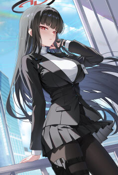 1girl absurdres black_hair black_halo black_jacket black_pantyhose black_skirt blazer blue_archive breasts bright_pupils clothes_lift commentary_request halo hand_in_own_hair highres holster id_card jacket large_breasts long_hair looking_at_viewer multicolored_halo panties pantyhose pantyshot pleated_skirt red_eyes ringed_eyes rio_(blue_archive) skirt skirt_lift solo standing sweater thigh_holster turtleneck turtleneck_sweater two-tone_halo underwear very_long_hair white_pupils white_sweater xiongji_z_z