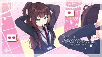 1girl arms_up black_jacket blue_eyes brown_hair collared_shirt commission hair_tie_in_mouth highres indie_virtual_youtuber jacket long_hair long_sleeves looking_at_mirror mirror mouth_hold necktie nome_trpg office_lady ponytail red_necktie reflection sam_(vtuber) second-party_source shirt skeb_commission solo virtual_youtuber white_shirt