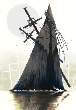 Rule 34 | 1other, alexandre chaudret, celtic cross, cloak, cross, geometry, grey cloak, highres, math, moon, original, reflection, reflective liquid, sword, sword on back, triangle, weapon, weapon on back, white background