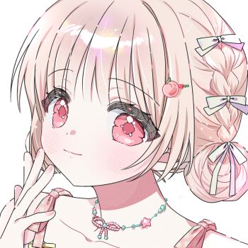 1girl blonde_hair blush bow braid closed_mouth collarbone commentary food-themed_hair_ornament hair_bow hair_bun hair_ornament hand_up jewelry looking_at_viewer necklace original peach_hair_ornament portrait red_eyes short_hair simple_background smile solo symbol-only_commentary white_background white_bow yalmyu