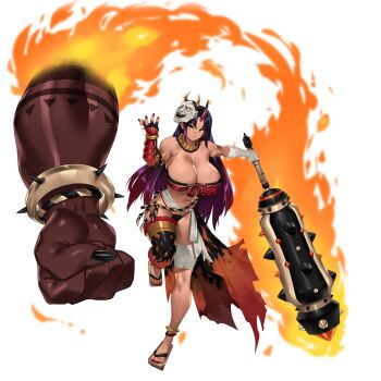 1girl armor breasts brown_eyes dark-skinned_female dark_skin full_body game_asset huge_breasts kyonyuu_fantasy_burst mask mask_on_head nail_polish navel official_art oni purple_hair sandals third-party_source toenail_polish toenails weapon