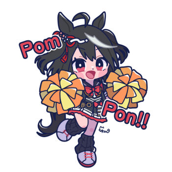 1girl ahoge animal_ears black_hair black_jacket black_shirt black_skirt black_socks blush blush_stickers bow cheerleader chibi chibi_only ear_ornament ear_ribbon hair_between_eyes hair_ornament holding holding_pom_poms horse_ears horse_girl horse_tail jacket kitasan_black_(umamusume) looking_at_viewer loose_socks multicolored_hair open_clothes open_jacket open_mouth pom_pom_(cheerleading) pom_poms red_bow red_eyes shirt shoes short_hair skirt smile socks solo streaked_hair tail umamusume white_hair wtnkkon