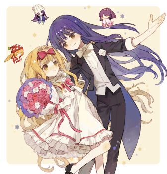 Rule 34 | 1boy, 1girl, asterisk (symbol), bacheally, black footwear, black jacket, black pants, blonde hair, border, bouquet, bow, bowtie, brown eyes, closed eyes, closed mouth, collar, collared dress, dress, dress shirt, eye contact, flower, formal clothes, frilled collar, frilled dress, frills, fujisaki nadeshiko, hair bow, hair intakes, hand up, hat, highres, holding, holding bouquet, jacket, japanese clothes, kimono, kusu kusu (shugo chara!), leg up, letterboxed, light smile, long hair, long sleeves, looking at another, mashiro rima, open clothes, open jacket, pant suit, pants, purple hair, rhythm (shugo chara!), rose, shirt, shoes, shugo chara!, simple background, smile, standing, star (symbol), suit, tailcoat, temari (shugo chara!), tuxedo, very long hair, vest, white border, white bow, white bowtie, white dress, white flower, white rose, white shirt, yellow background, yellow eyes