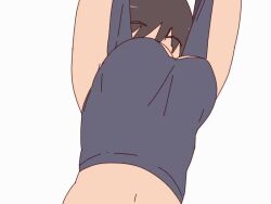 1girl :o animated aonori_misuji areola_slip armpits arms_up black_hair blue_tank_top bouncing_breasts breasts brown_eyes from_below large_breasts looking_at_viewer looping_animation navel original short_hair smile solo tank_top underboob undressing upper_body video white_background