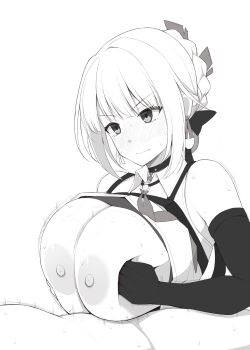 1boy 1girl blush breasts closed_mouth clothed_female_nude_male commentary_request elbow_gloves evelyn_chevalier gloves greyscale hetero highres huge_breasts kurikara monochrome necktie nipples nude paizuri red_necktie simple_background solo_focus sweat upper_body v-shaped_eyebrows zenless_zone_zero