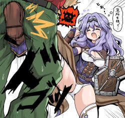 Rule 34 | 1boy, 1girl, ^ ^, blush, breasts, bridal gauntlets, cape, cleavage, closed eyes, crotch kick, epic seven, gloves, hair intakes, helen (epic seven), medium breasts, messy hair, open mouth, panties, purple hair, shield, skull and crossbones, solo, spoken skull, thighhighs, translation request, tsuzuri (tuzuri), underwear, white panties