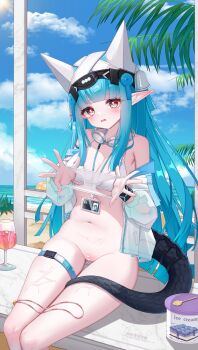 1girl absurdres alternate_costume arknights arknights:_endfield bare_shoulders bikini bikini_top_only blue_hair blunt_bangs blush bottomless breasts censored cleavage cleft_of_venus commentary goggles goggles_around_neck heart heart_censor highres holding holding_panties holding_underwear holding_unworn_clothes horns horns_through_headwear id_card jacket large_breasts last_rite_(arknights) long_hair mixed-language_commentary open_clothes open_jacket open_mouth panties pointy_ears pussy red_eyes revision sitting solo swimsuit tail thigh_strap underwear veil white_bikini white_jacket white_panties white_veil yu_fu_miko