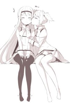 2girls akemi_homura black_pantyhose blush closed_eyes commentary_request greyscale hairband hand_on_another's_arm hands_on_own_thighs highres juliet_sleeves kaname_madoka kiss kokoro6636 long_hair long_sleeves magical_girl mahou_shoujo_madoka_magica mitakihara_school_uniform monochrome multiple_girls no_shoes pantyhose pleated_skirt puffy_sleeves ribbon school_uniform shirt short_hair short_twintails sitting skirt thighhighs twintails white_background white_thighhighs yuri
