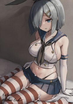 1girl black_panties blue_eyes blue_neckerchief blue_sailor_collar blue_skirt bob_cut breasts buttons collared_shirt commentary_request cosplay crop_top cum cum_on_body cum_on_breasts cum_on_clothes cum_on_legs cum_on_upper_body detached_sleeves double-breasted eckert&amp;eich elbow_gloves empty_eyes facial female_focus gloves grey_hair hair_ornament hair_over_one_eye hairband hairclip hamakaze_(kancolle) highleg highleg_panties highres kantai_collection large_breasts medium_hair microskirt midriff muted_color neckerchief one-hour_drawing_challenge panties parted_lips pleated_skirt sailor_collar sash school_uniform serafuku shimakaze_(kancolle) shimakaze_(kancolle)_(cosplay) shirt sideboob sitting skindentation skirt sleeveless sleeveless_shirt solo striped_clothes striped_thighhighs thighhighs undersized_clothes underwear wariza white_gloves zettai_ryouiki
